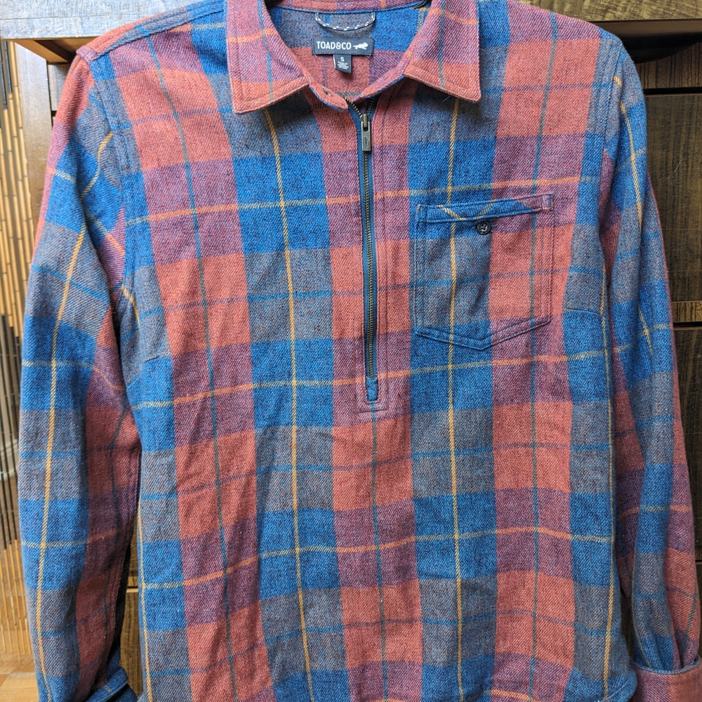Toad&Co Rust Red and Blue Plaid Half-Zip Shirt